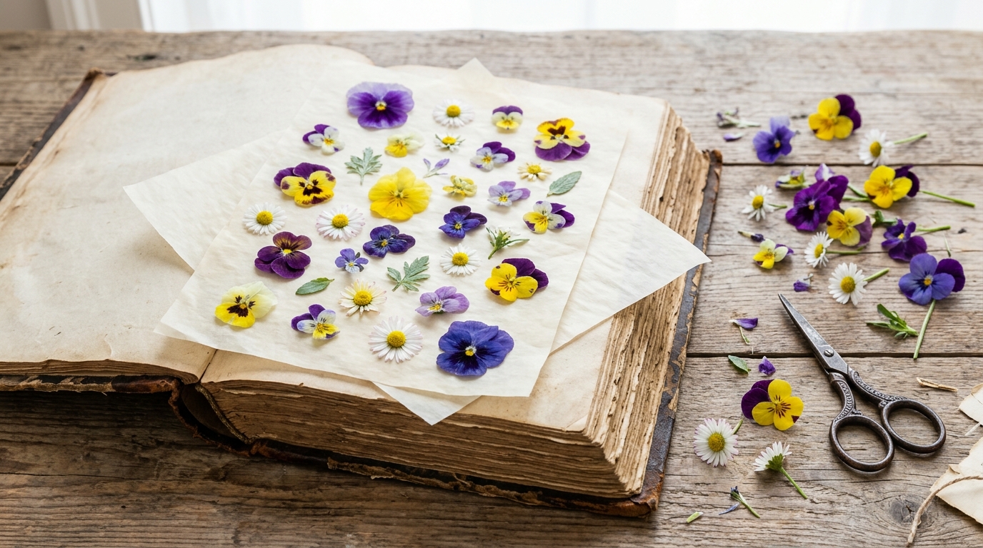 Fresh pansies, violas and daisies laid flat on parchment in an open heavy book ready for pressing