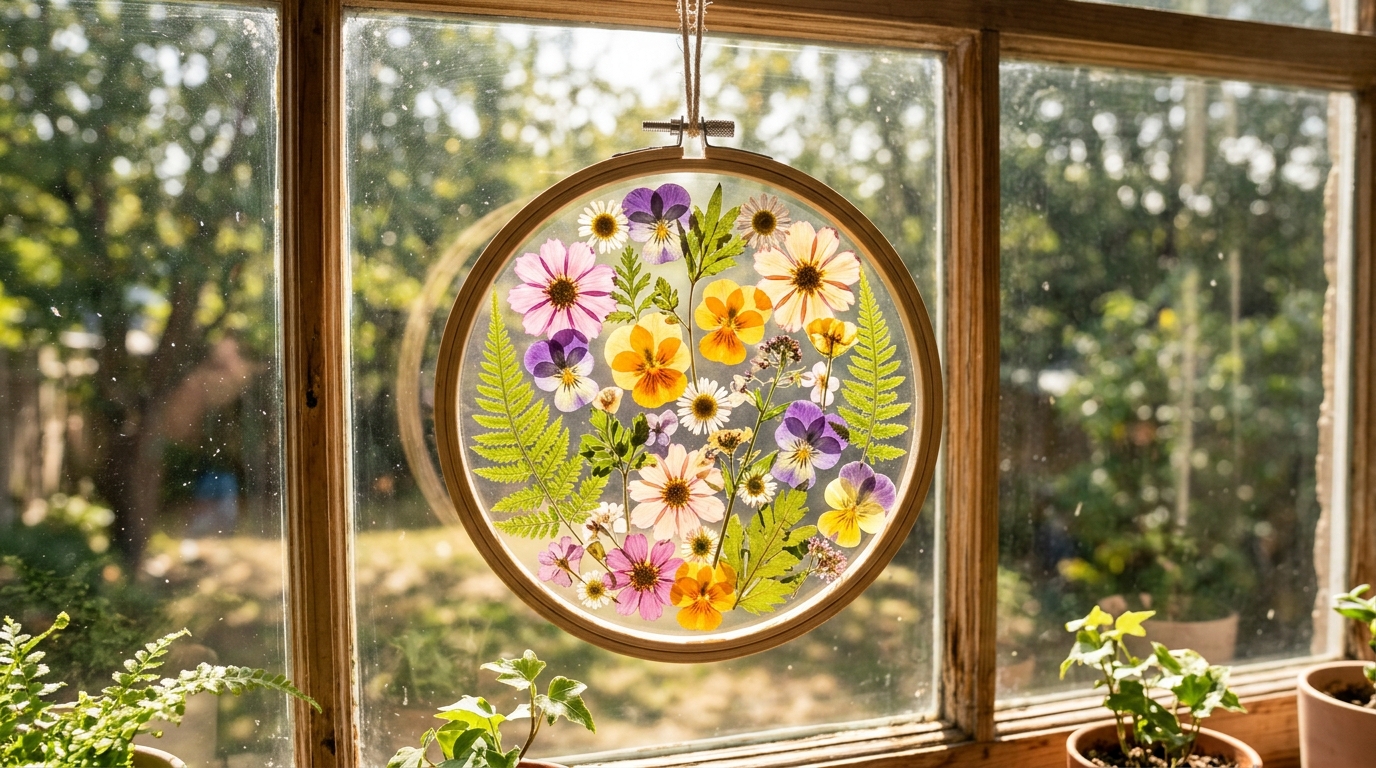 Pressed flower crafts suncatcher in an embroidery hoop hanging in a sunny window