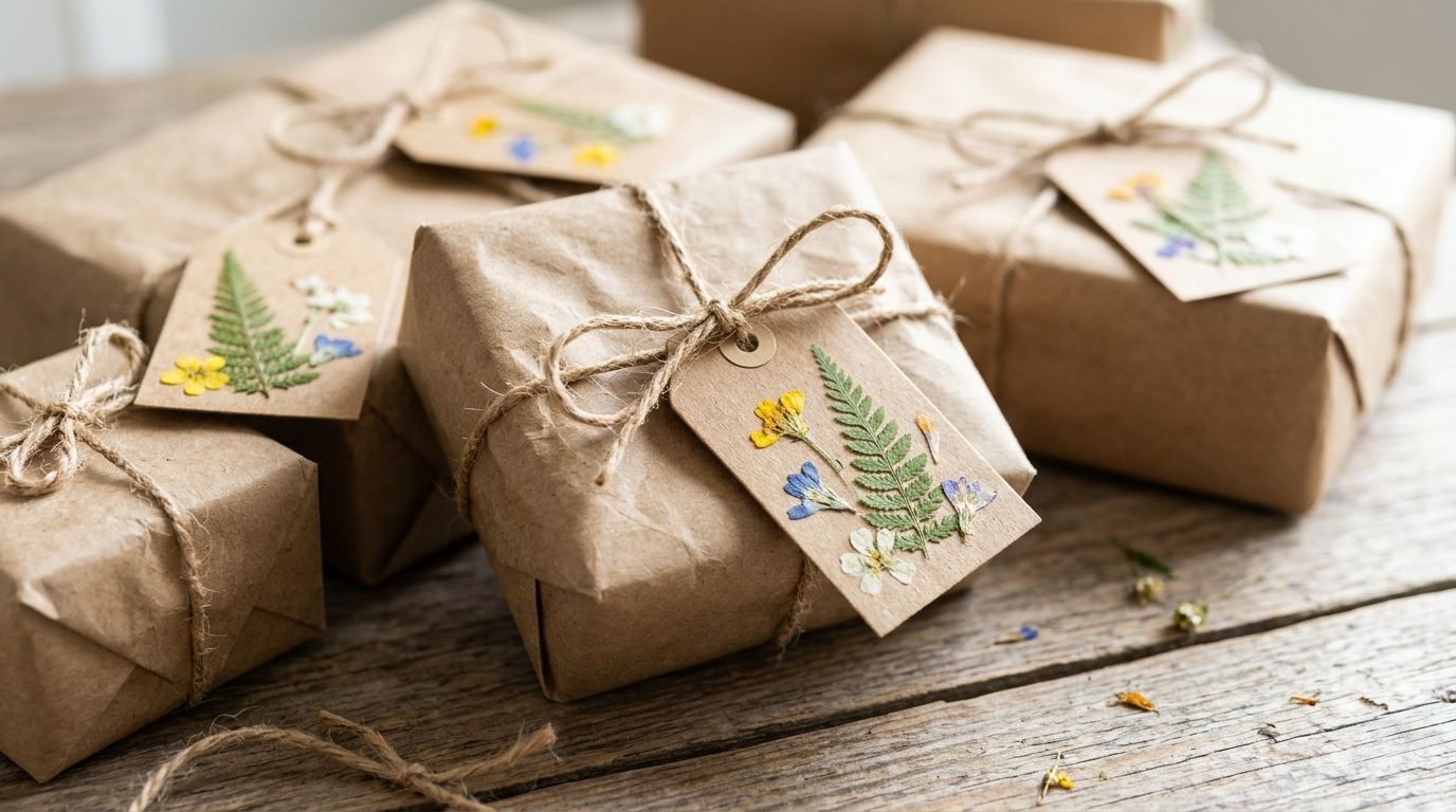 Kraft gift tags with pressed fern leaves and tiny flowers tied to wrapped presents