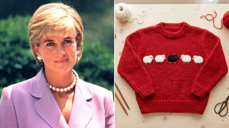 Princess Diana sweater DIY with white felt sheep and one black sheep on a red knit jumper