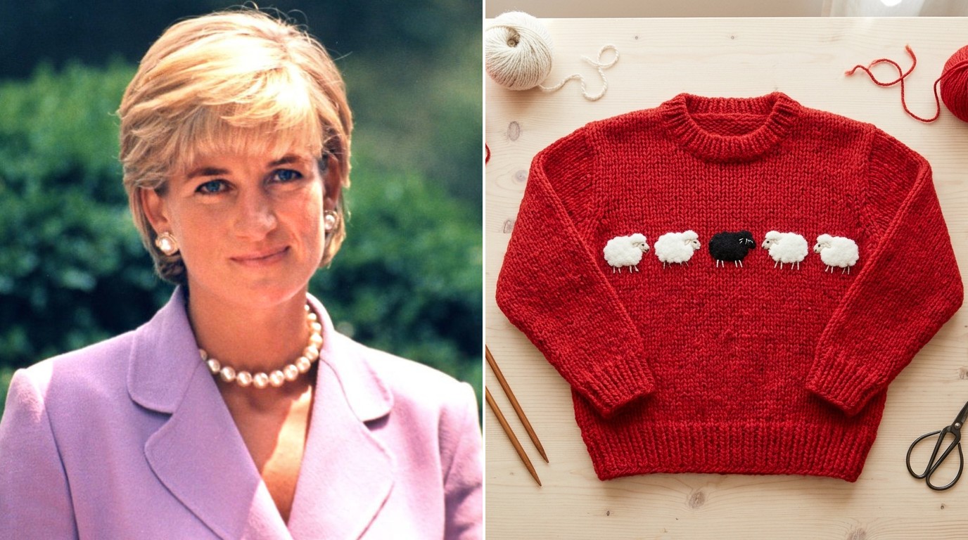 Princess Diana sweater DIY with white felt sheep and one black sheep on a red knit jumper