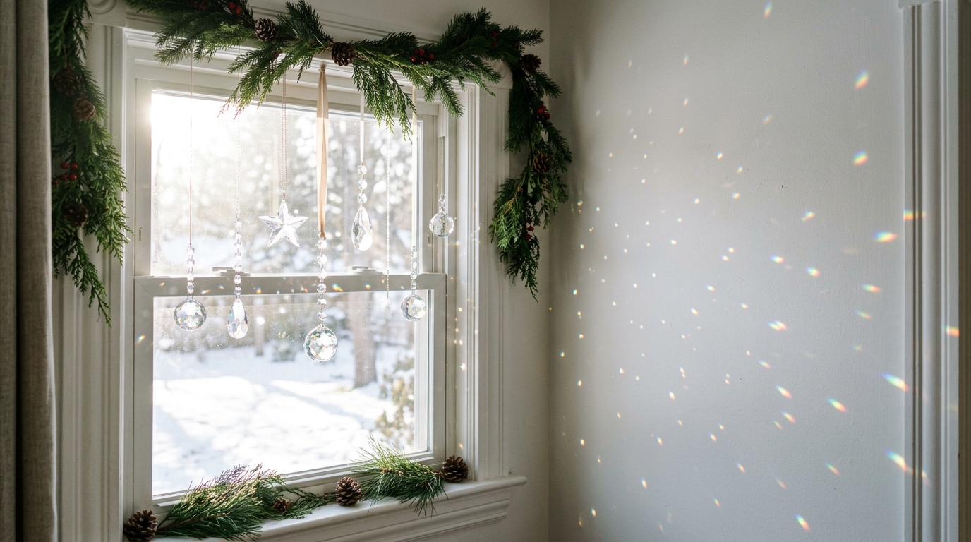 Crystal prism sun catchers in a window casting little rainbows on the wall