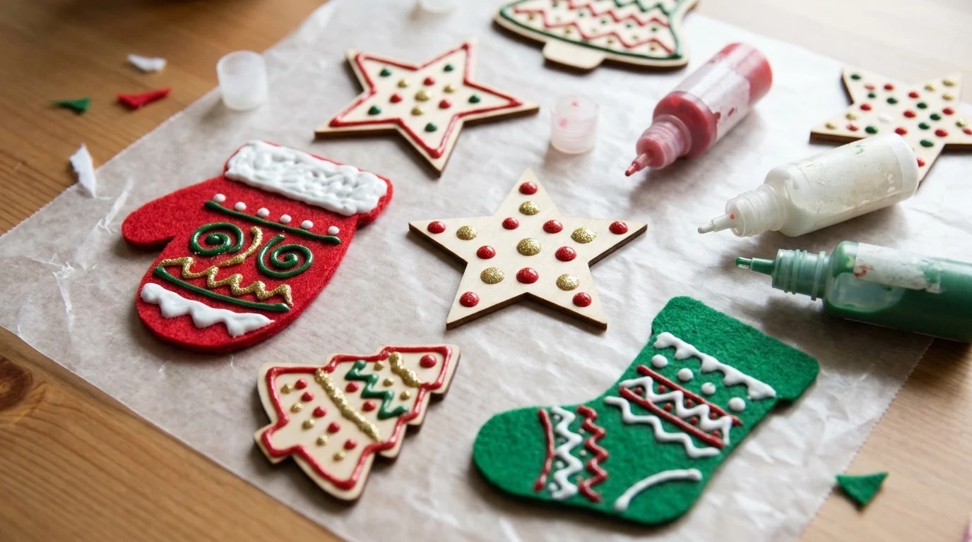 90s Christmas decor puffy paint ornaments drying on wax paper