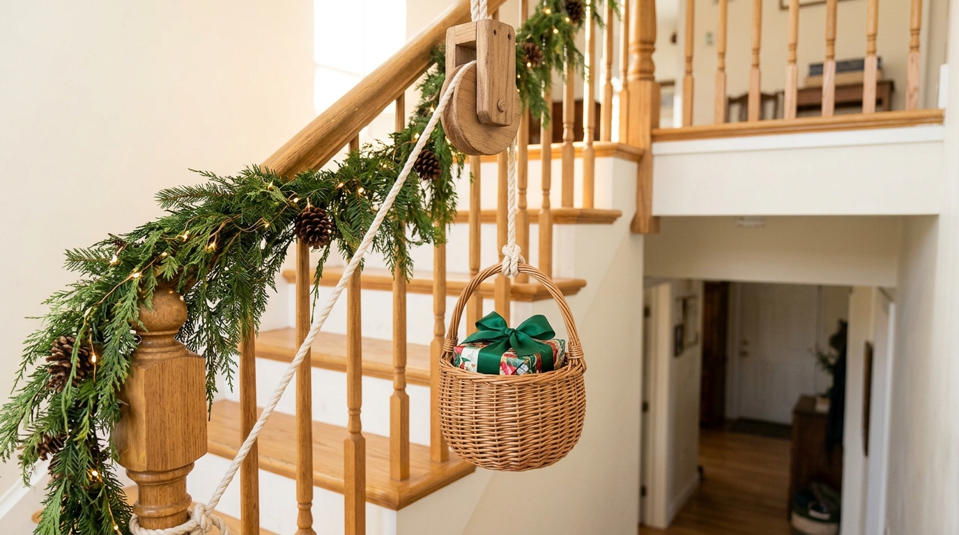 Woven basket with a wrapped present hanging from a rope and pulley on a garland banister