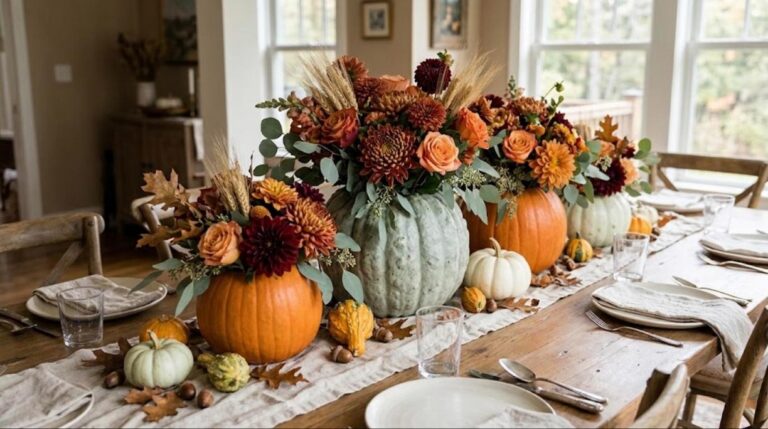 Pumpkin flower arrangements on a Thanksgiving table, orange and green pumpkins filled with mums, roses, dahlias and wheat