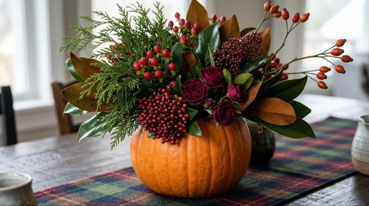 Orange pumpkin vase packed with cedar, magnolia leaves, red berries, rose hips and burgundy roses