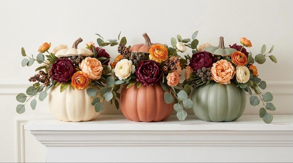 Cream, terracotta and sage faux pumpkins filled with faux peonies, ranunculus and eucalyptus on a mantel