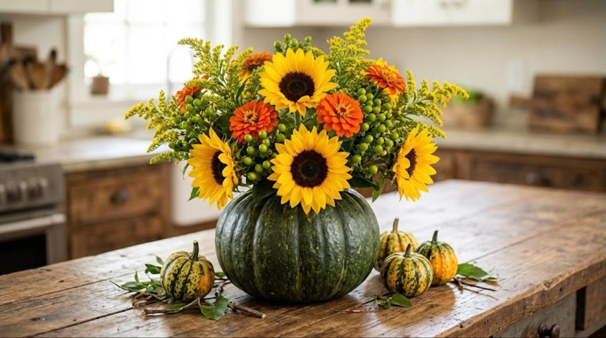 Pumpkin flower arrangements with a dark green pumpkin vase of sunflowers, orange zinnias, solidago and green berries