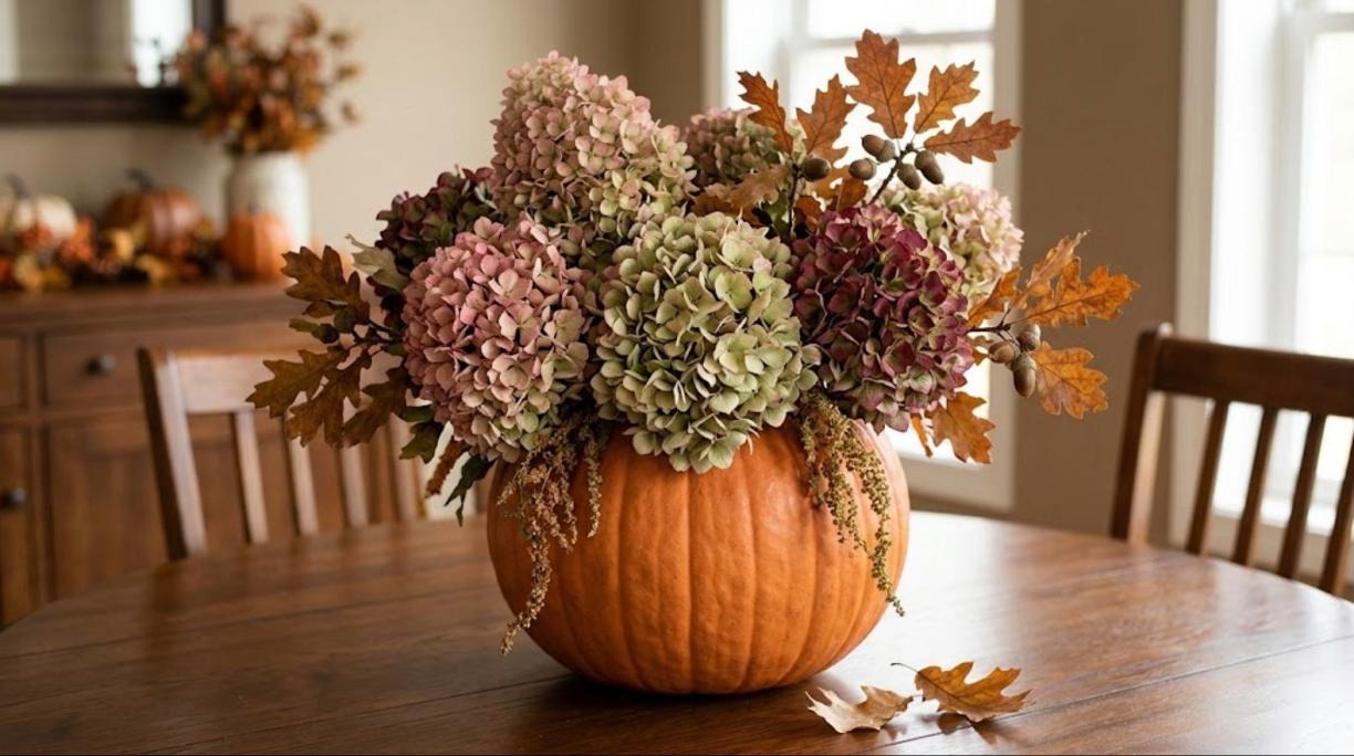 Pumpkin flower arrangements with an orange pumpkin overflowing with antique hydrangeas and oak leaves