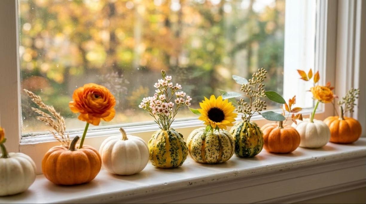 Mini pumpkin flower arrangements used as bud vases with a ranunculus, waxflower, sunflower and eucalyptus on a windowsill