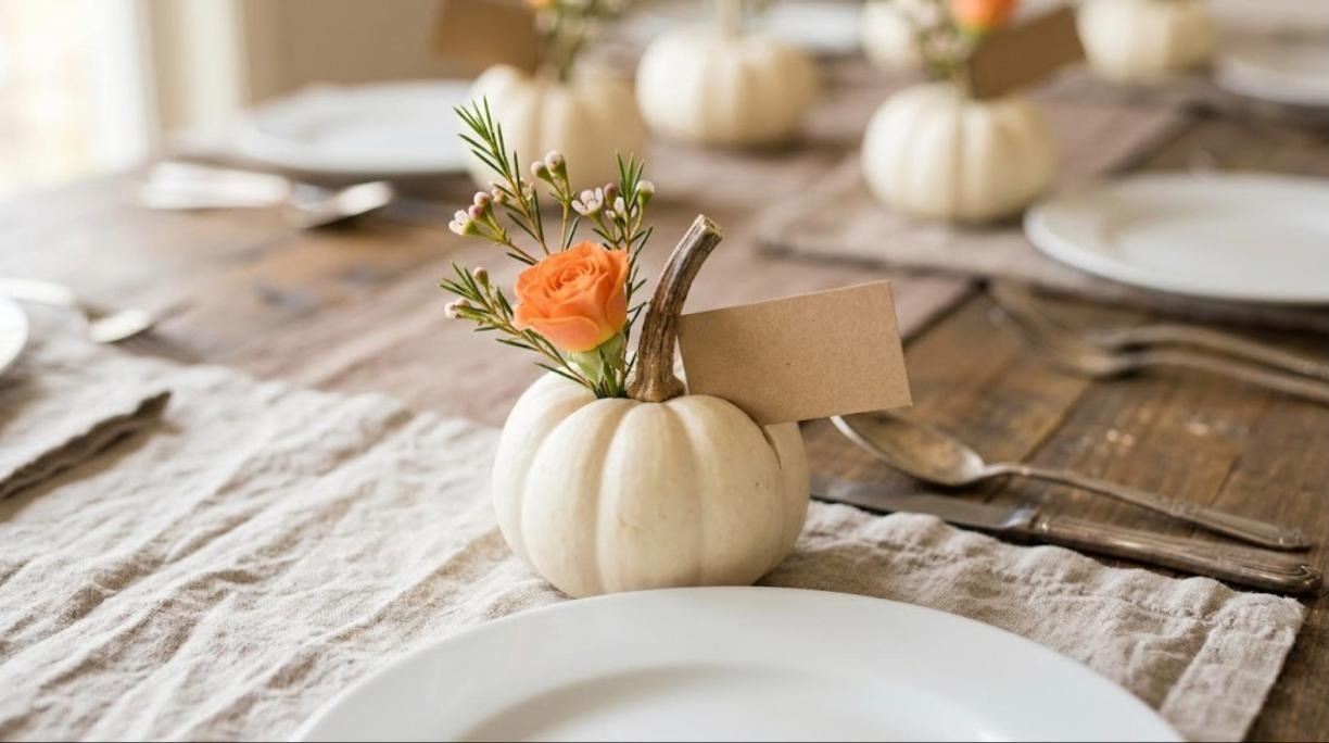 White mini pumpkin bud vase with an orange rose, waxflower and a blank kraft place card at a table setting