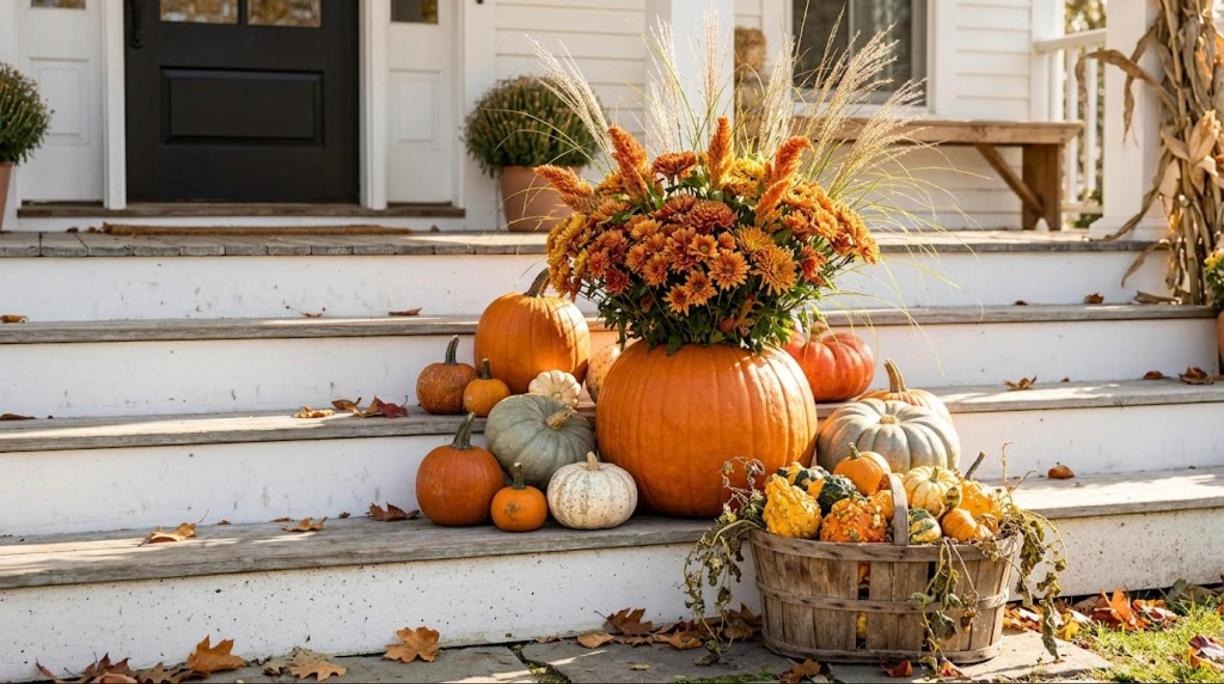 Pumpkin flower arrangements on porch steps with a big pumpkin vase of rust mums, celosia and grasses