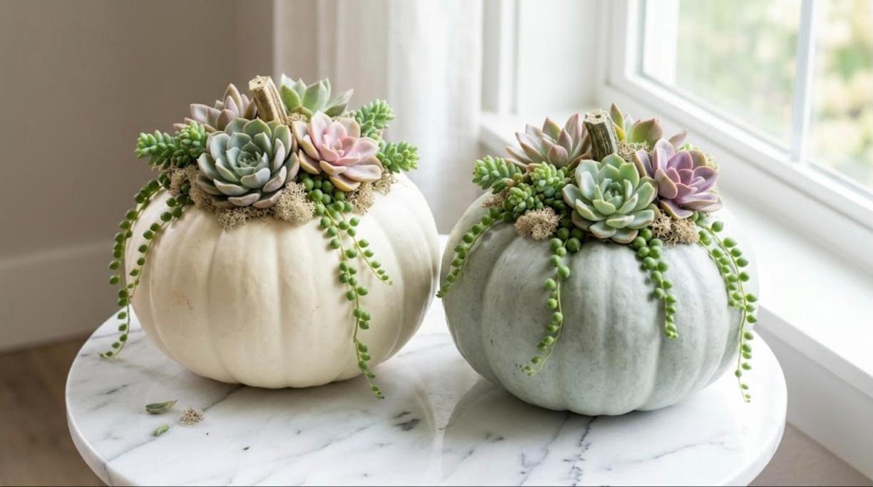 White and pale blue pumpkins topped with echeveria, sedum and string of pearls succulents