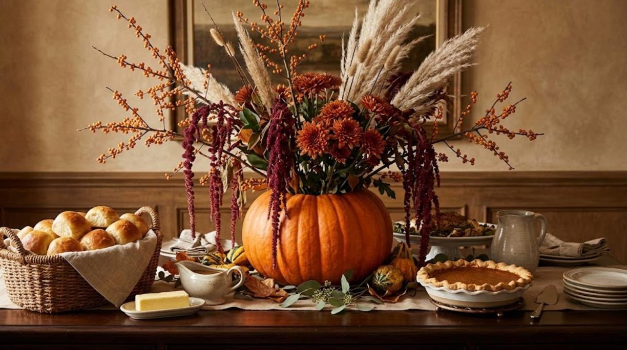 Tall pumpkin flower arrangements with berry branches, amaranthus, rust mums and pampas on a Thanksgiving buffet