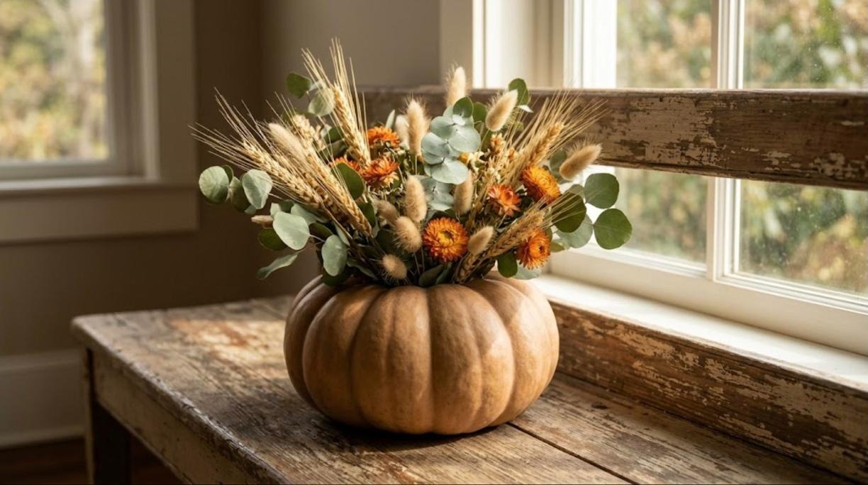 Heirloom pumpkin vase with dried wheat, eucalyptus, bunny tail grass and orange strawflowers on a bench