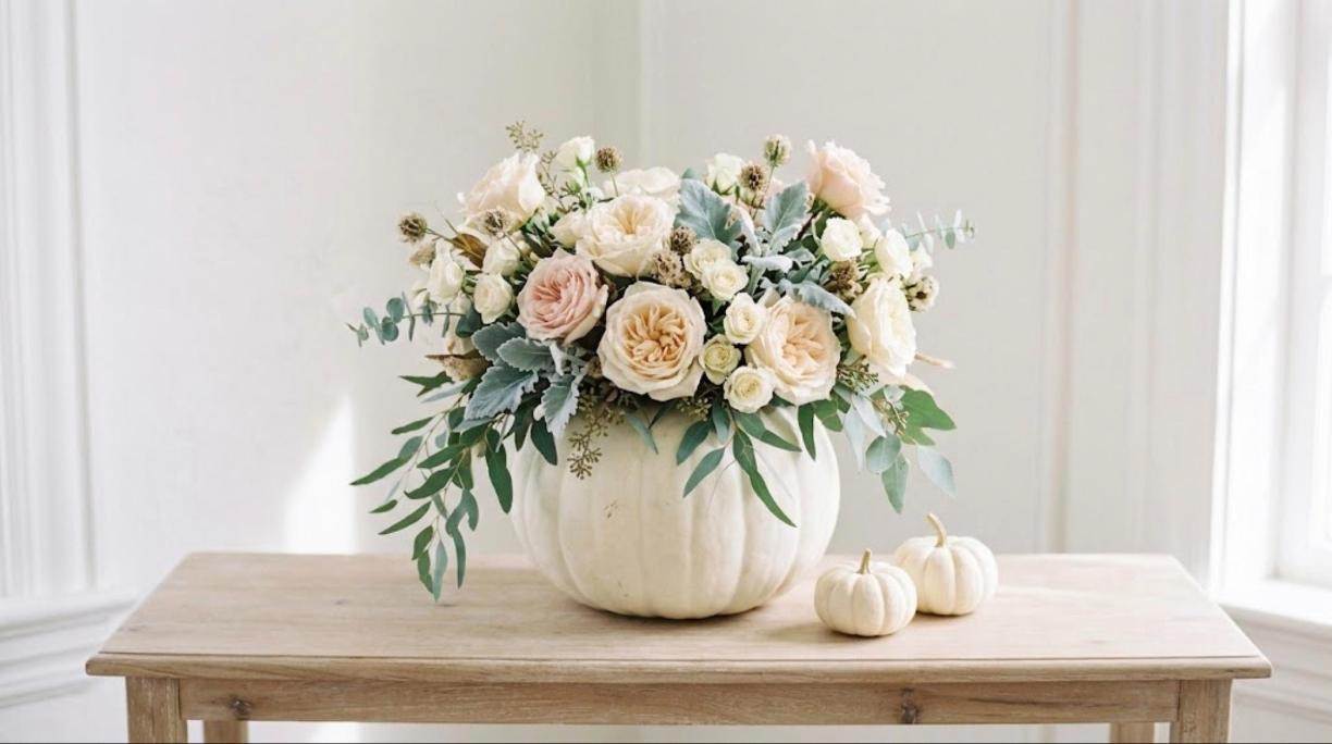 White pumpkin vase filled with blush and cream roses, dusty miller and eucalyptus on a wood console