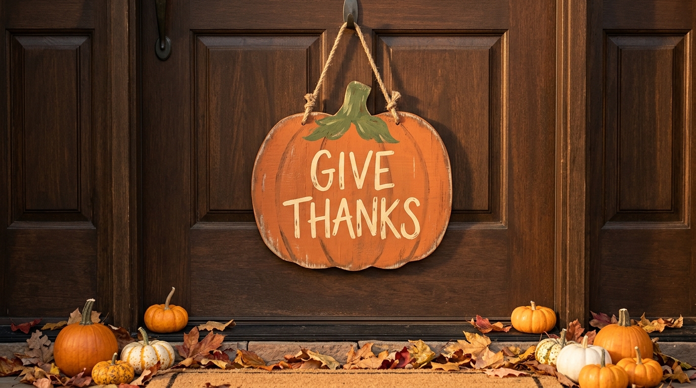 DIY front door signs for fall: an orange pumpkin shaped sign painted GIVE THANKS on a brown door