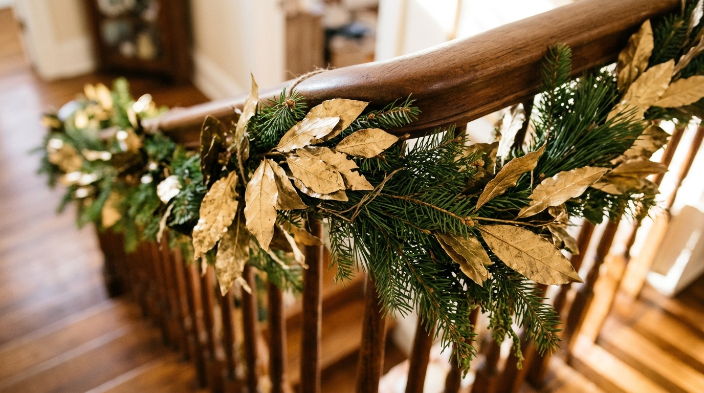 Garland of gold painted bay leaves draped along a wooden staircase banister with evergreen