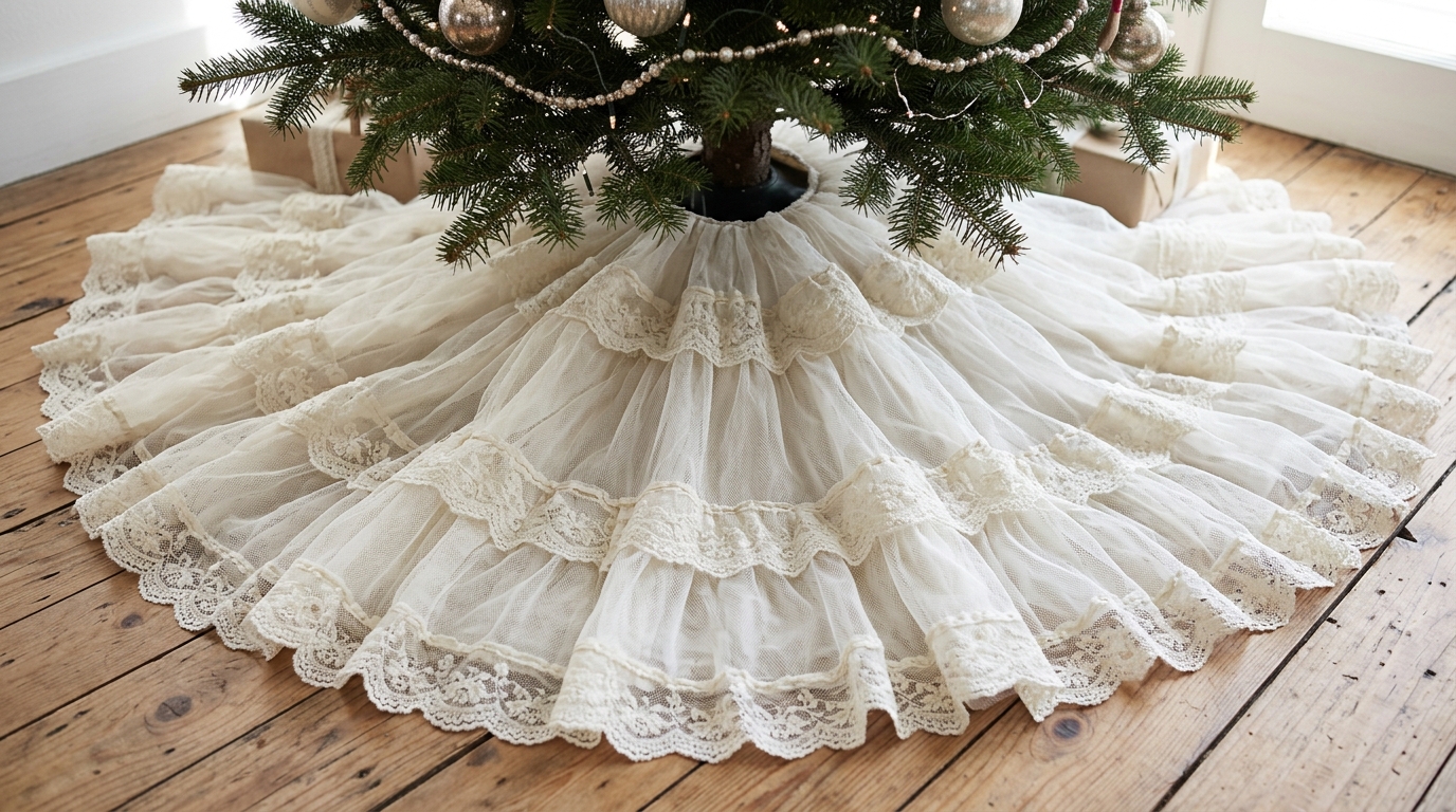 Layered ivory lace and soft tulle tree skirt spread around the base of a decorated tree