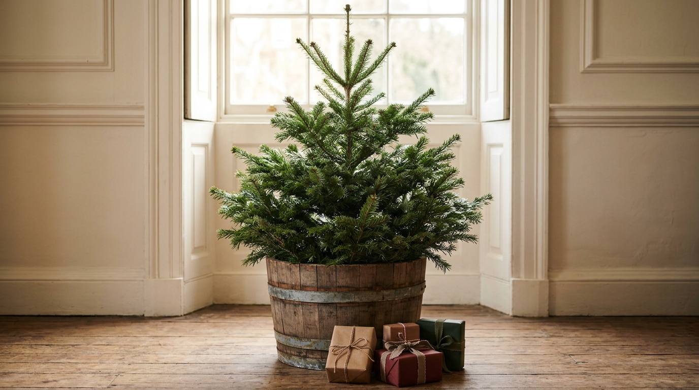 Small evergreen branch tree standing in a wooden tub planter with little wrapped presents at its base