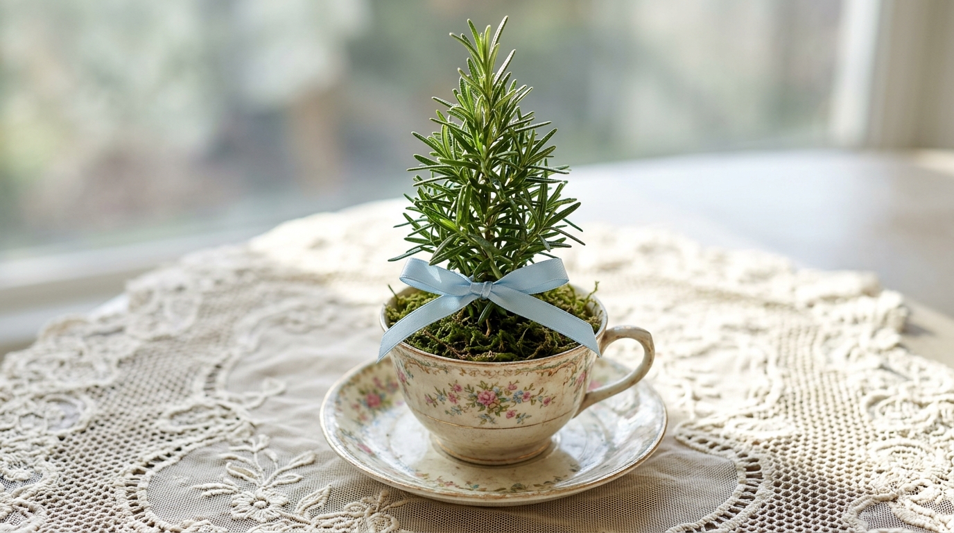 Tiny rosemary sprig tree planted in a vintage floral china teacup tied with pale blue ribbon