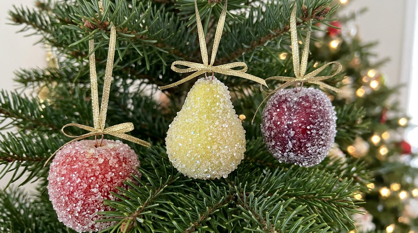 Faux sugared pears, plums and apples ornaments with sparkling white glitter hanging on gold ribbons