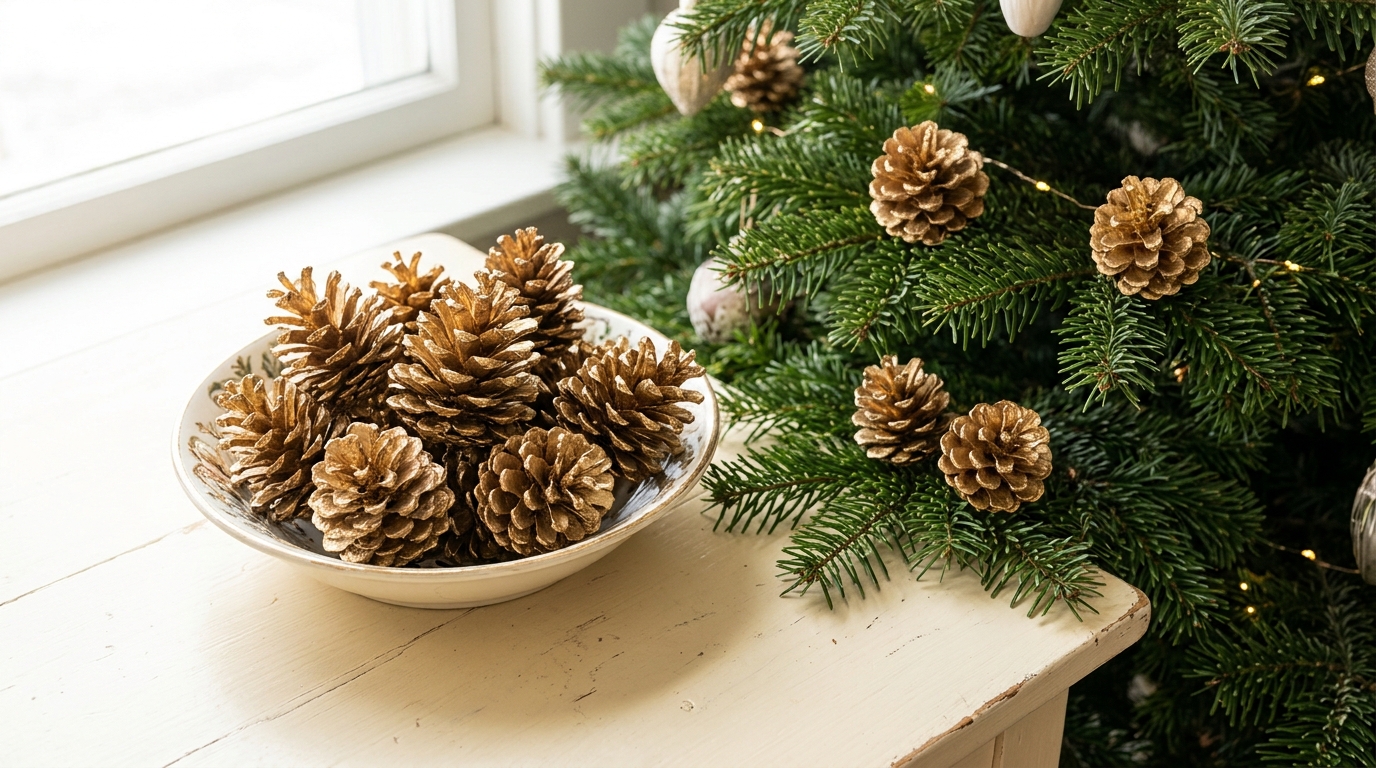 Bowl of gold painted pine cones with a few tucked into the branches of a Christmas tree