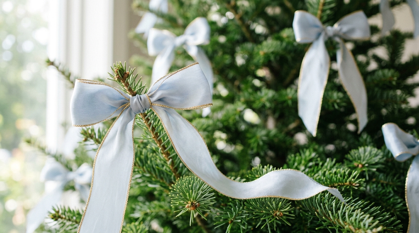 Pale blue silk ribbon bows with gold edged tails tied on the branches of a green Christmas tree