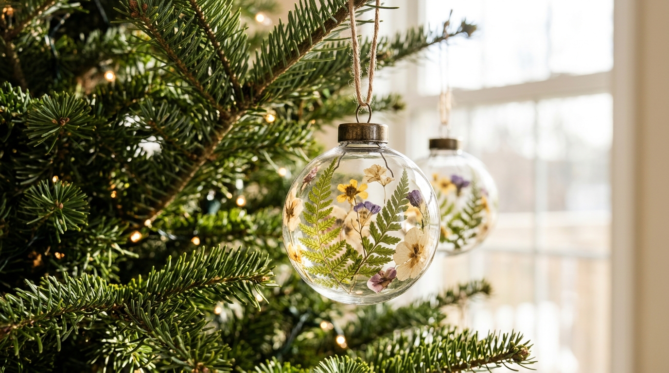 Queen Charlotte Christmas Tree glass ball ornaments filled with pressed flowers and ferns