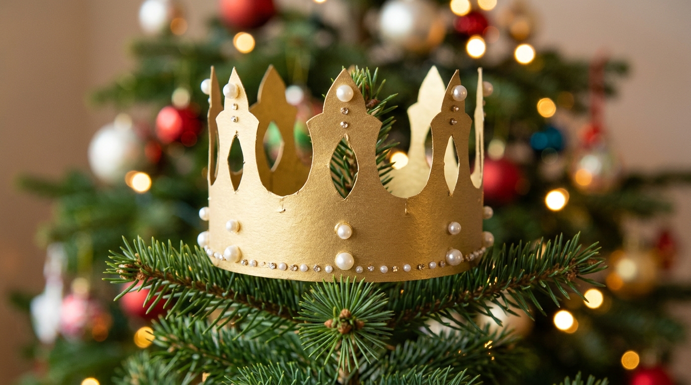 Queen Charlotte Christmas Tree topped with a handmade gold paper crown decorated with faux pearls