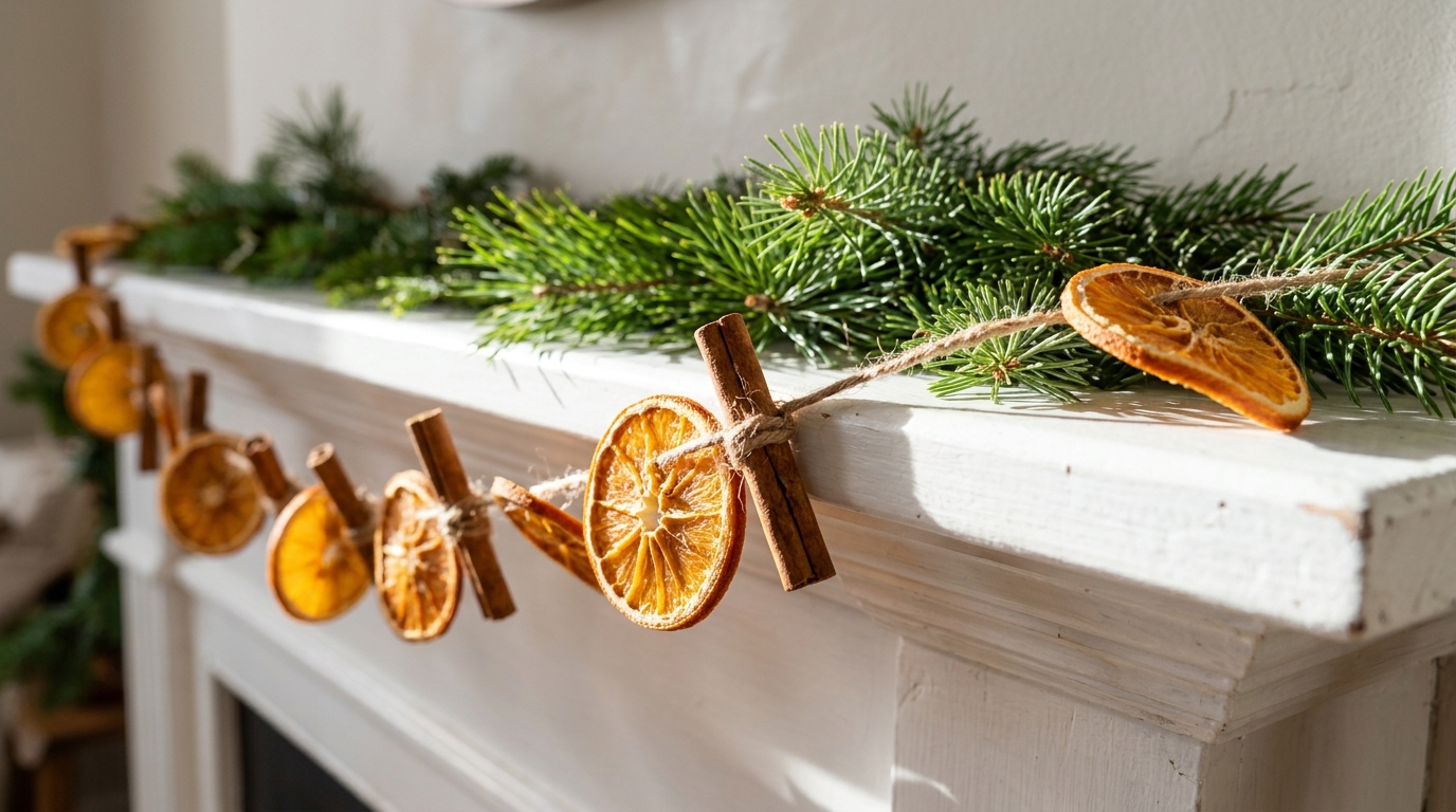 Queen Charlotte Christmas Tree style garland of dried orange slices and cinnamon sticks on a white mantel