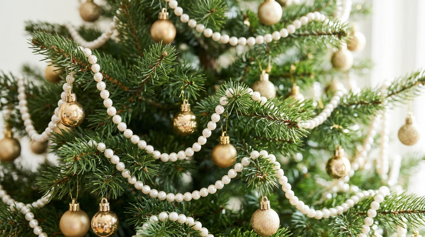 Queen Charlotte Christmas Tree draped with faux pearl bead garlands and small gold ball ornaments