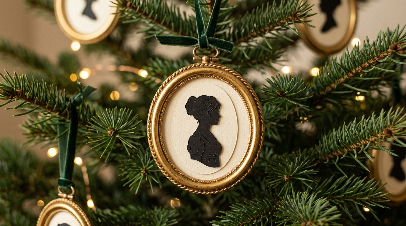 Queen Charlotte Christmas Tree cameo ornaments with black paper silhouettes of a lady in Regency dress