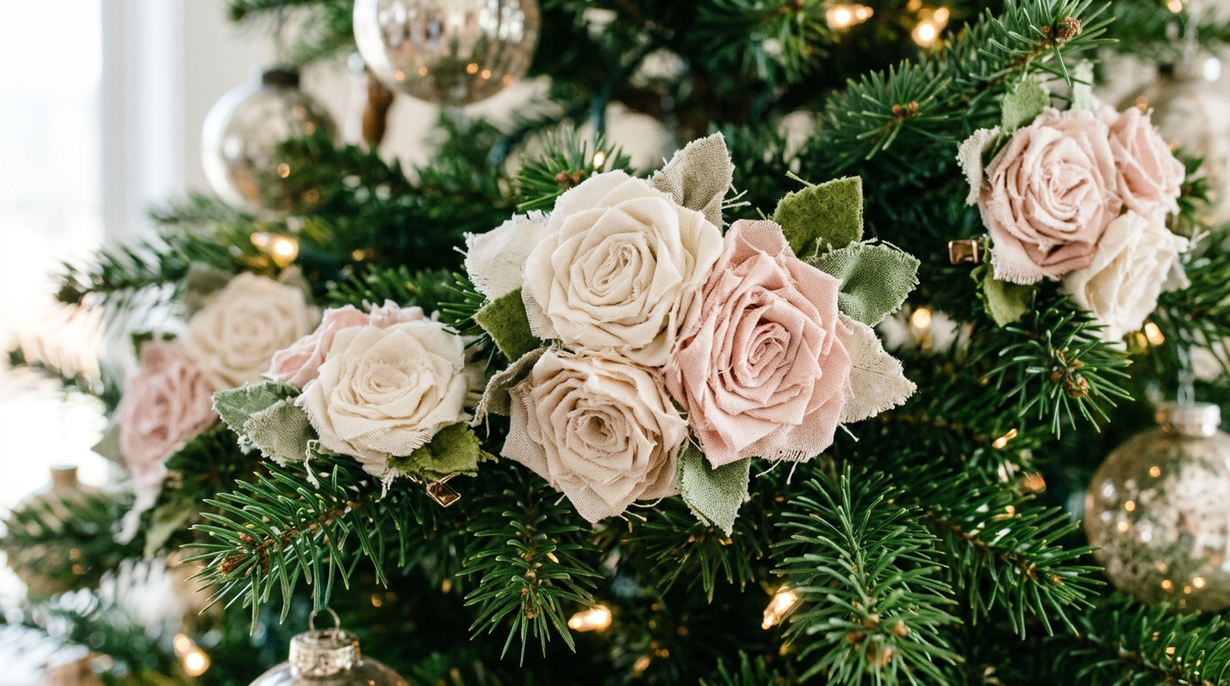 Ivory and blush fabric rose clusters with green fabric leaves clipped onto Christmas tree branches