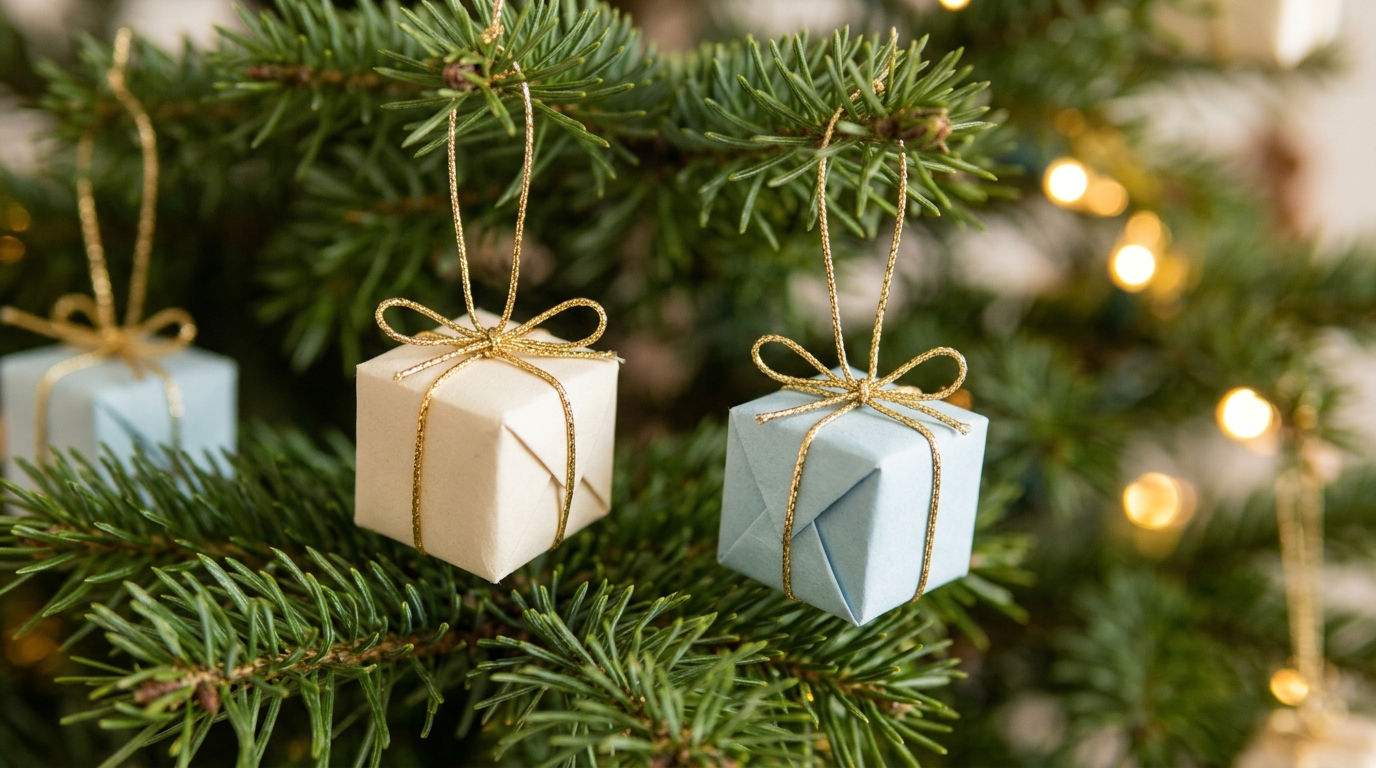 Tiny gift box ornaments wrapped in cream and pale blue paper with gold thread bows on a tree