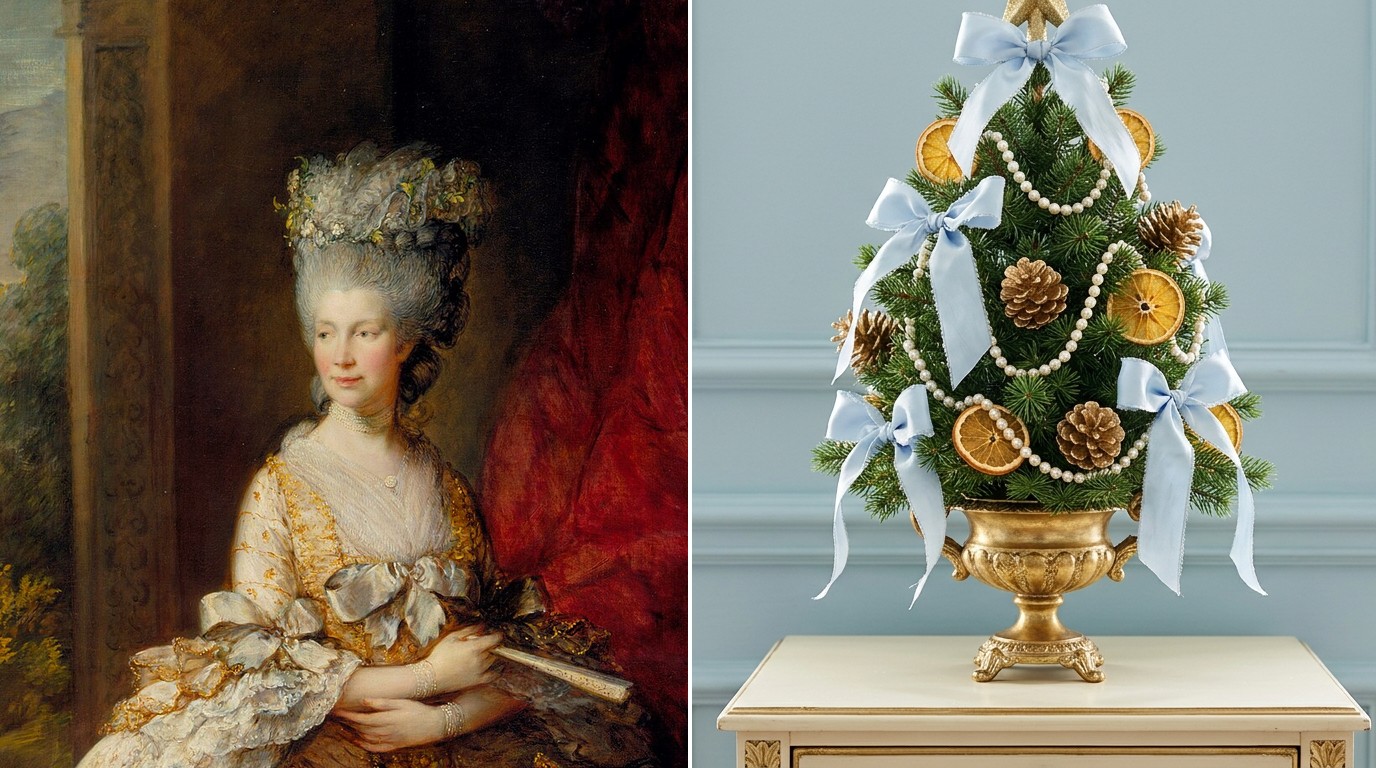 Queen Charlotte Christmas Tree in a gold footed urn with pale blue bows and pearls, beside a portrait of Queen Charlotte