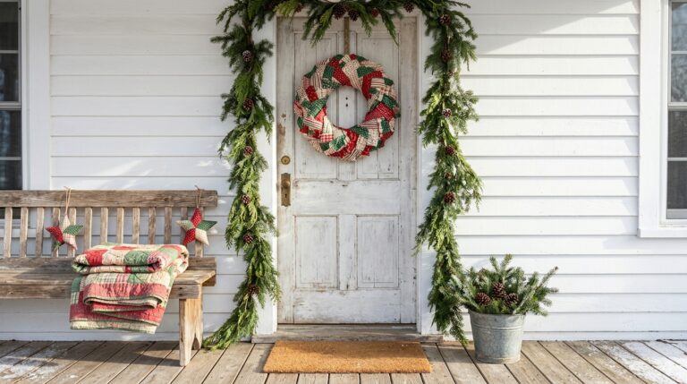 Quilt Christmas Decor on a farmhouse front porch with a patchwork wreath, pine garland and a folded vintage quilt on a bench