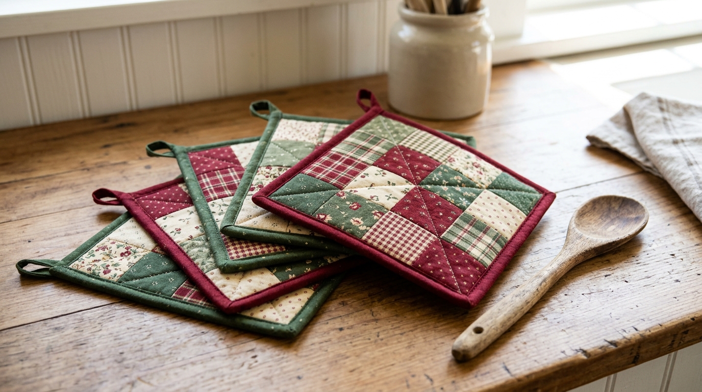 Quilted patchwork potholders in red, green and cream on a farmhouse counter