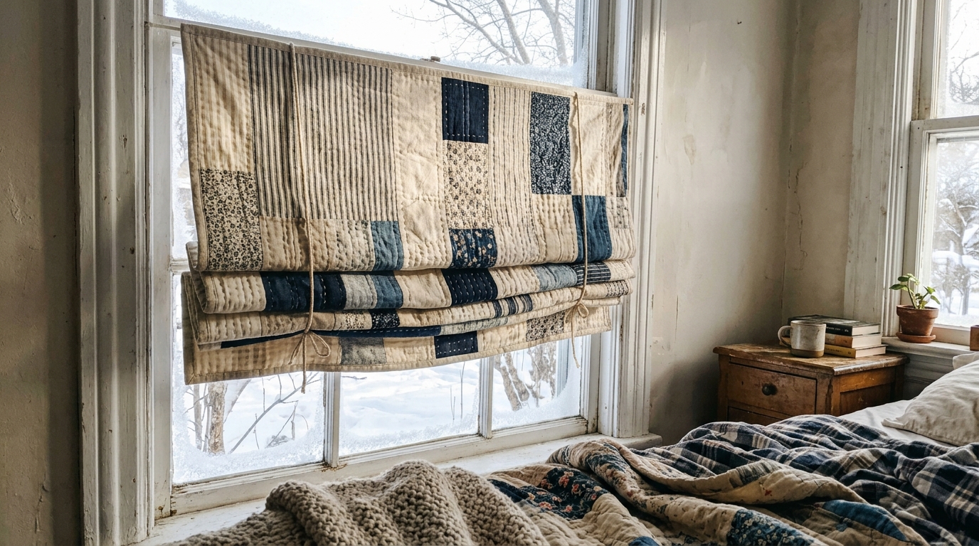 Benjamin Franklin winter hacks you can sew: a quilted patchwork window cover in a cozy bedroom