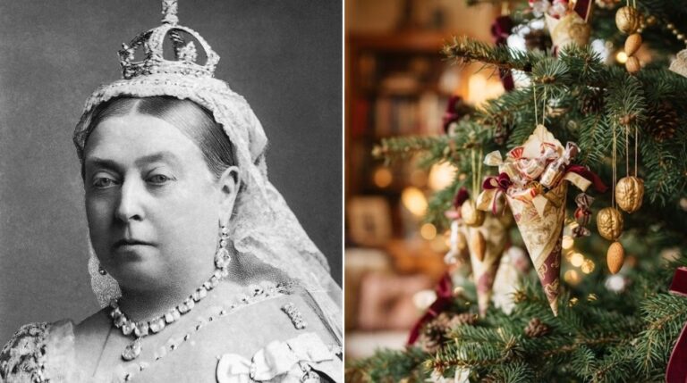 Queen Victoria Christmas: portrait of Queen Victoria beside a Victorian tree branch with paper cones and velvet bows