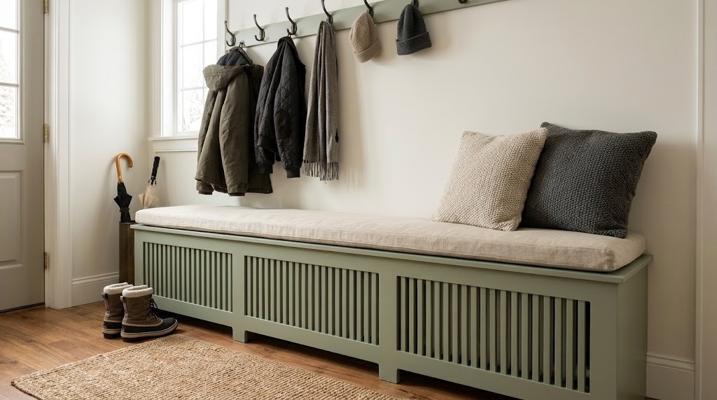 Sage green slatted bench with a linen cushion and knit pillows in an entryway