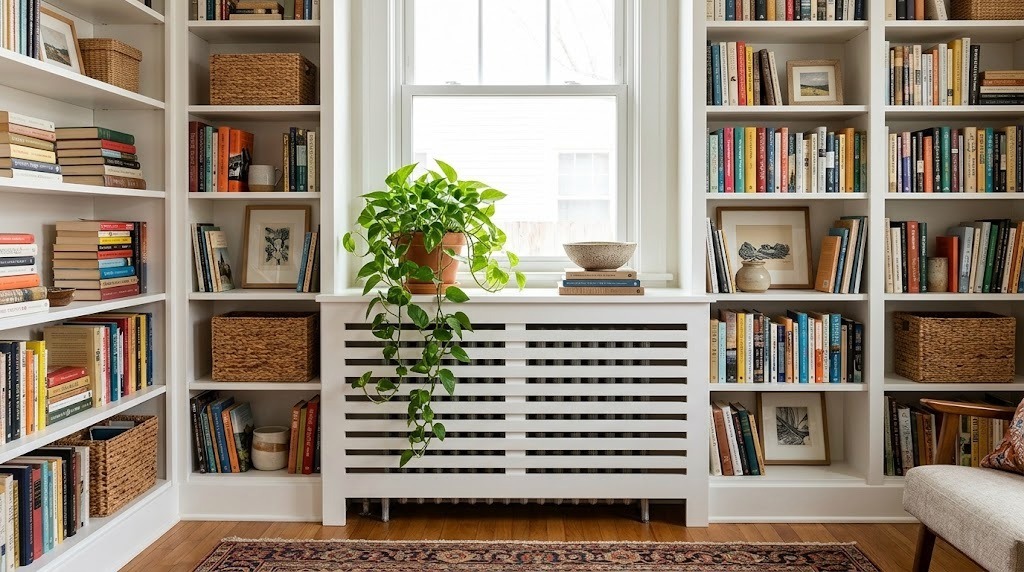 White built in bookshelves on both sides of a slatted cover under a window