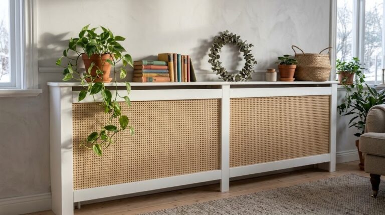 Radiator cover ideas: a white wood radiator cover with cane webbing panels topped with plants, books and a eucalyptus wreath