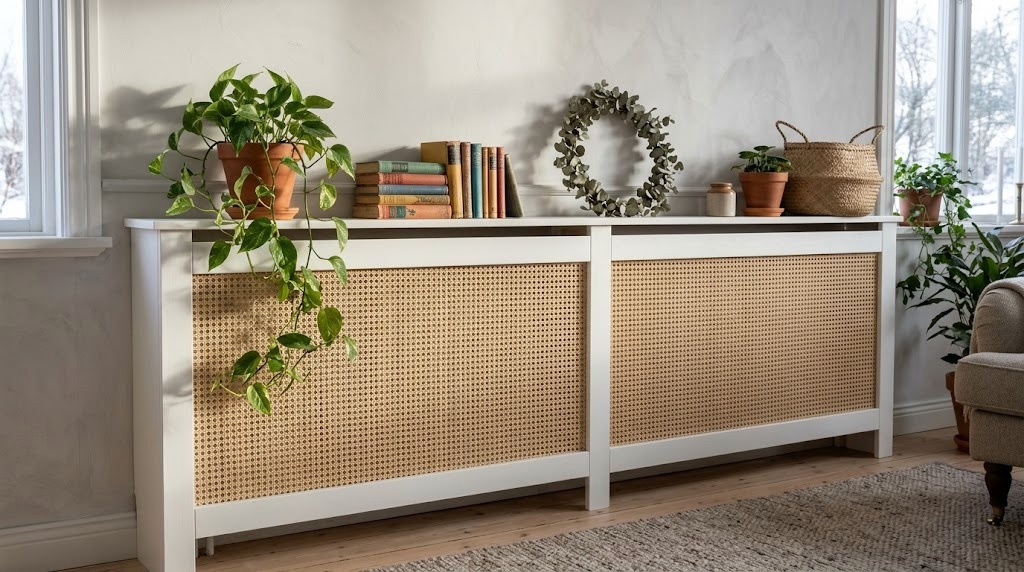 Radiator cover ideas: a white wood radiator cover with cane webbing panels topped with plants, books and a eucalyptus wreath