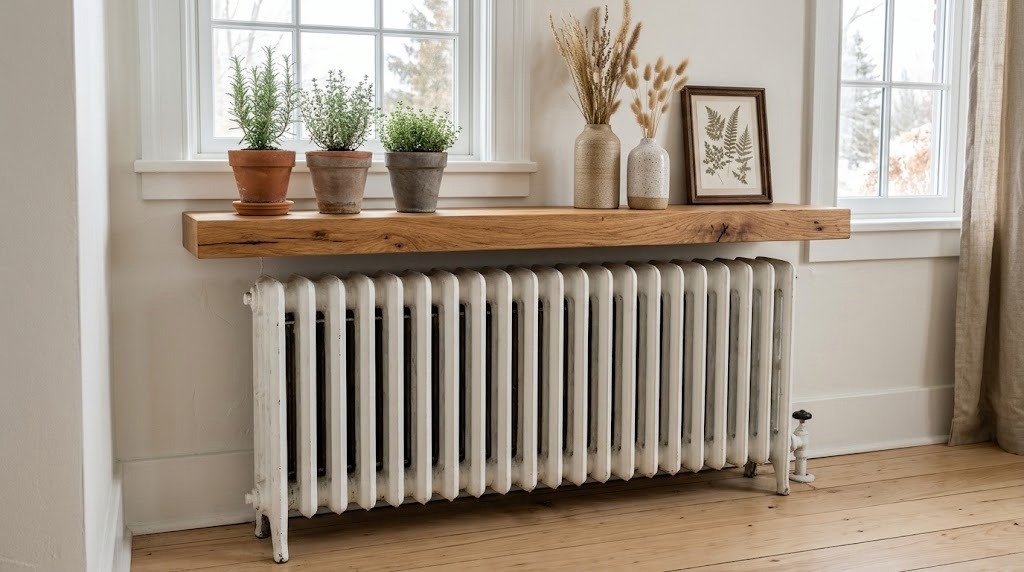 Radiator cover ideas: a chunky oak floating shelf above an old white radiator with potted herbs