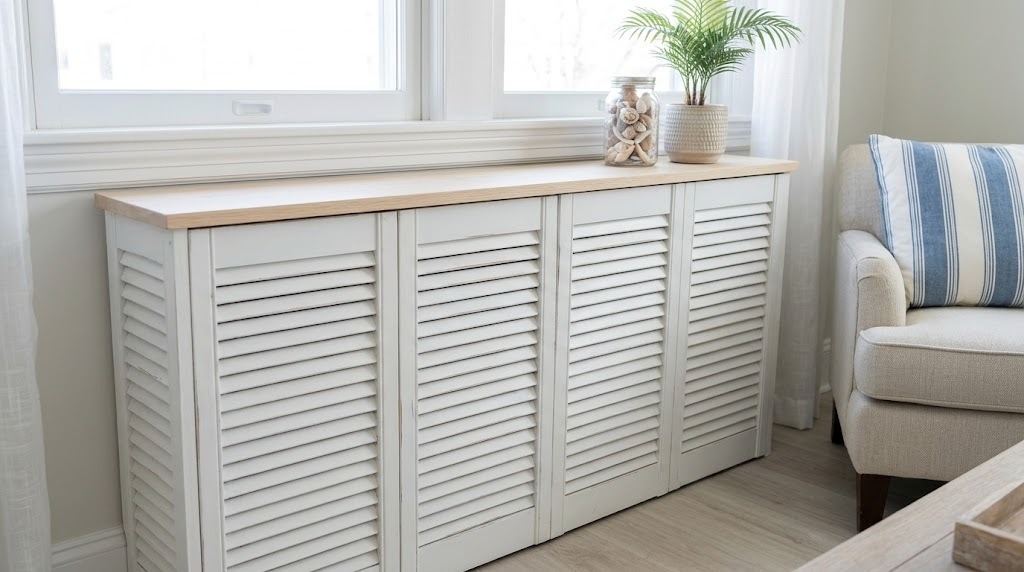 Four white louvered closet doors joined into a cover with a light wood top by a window