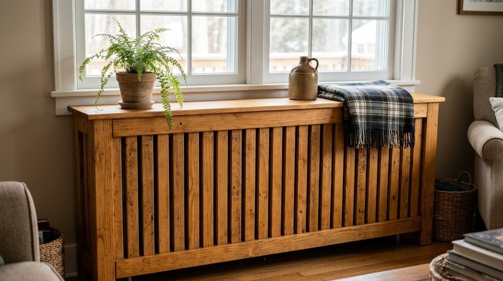 Warm pine pallet slat cover under a window with a fern and a plaid throw on top