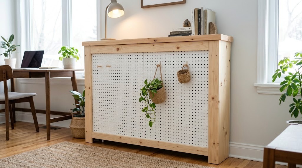 Pine frame with a white pegboard front and hanging baskets with a trailing plant