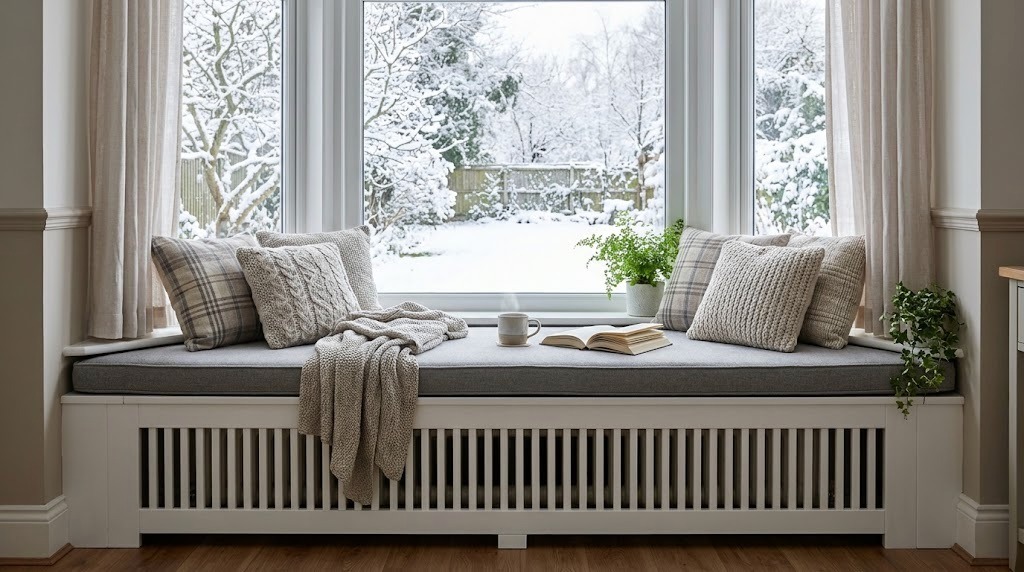 Window seat with gray cushion and plaid pillows over a white slatted box facing a snowy garden