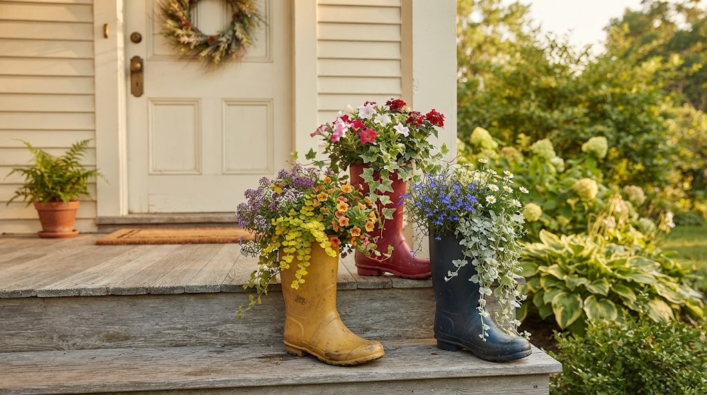 Colorful old rain boots used as front porch planters on the steps